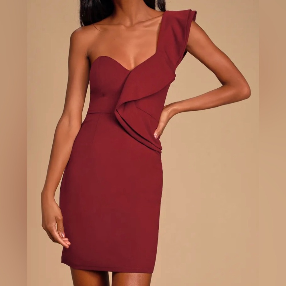 LULUS Ayita Dress Burgundy One Shoulder Ruffled Body Con NWT Womens Large